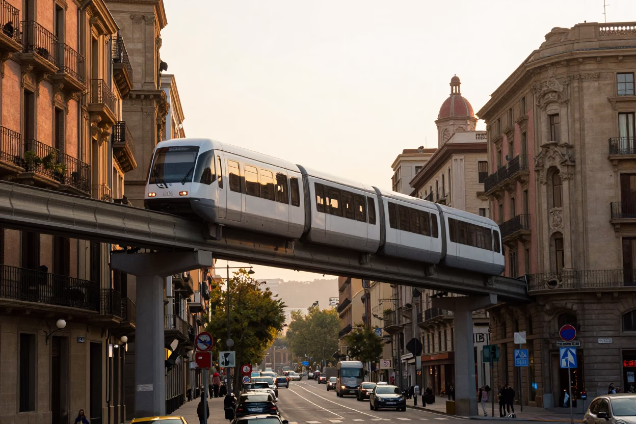 Morning light illuminates the Barcelona monorail passing above a bustling Spanish street corner in in Barcelona, Spain