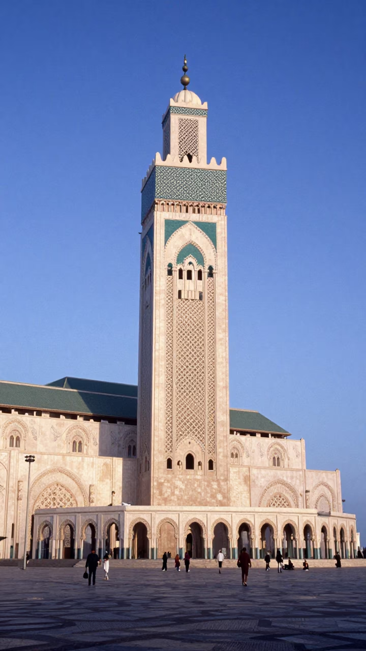 Morning light illuminates the Hassan II Mosque minaret and coastal street in Casablanca Morocco in in Casablanca, Morocco