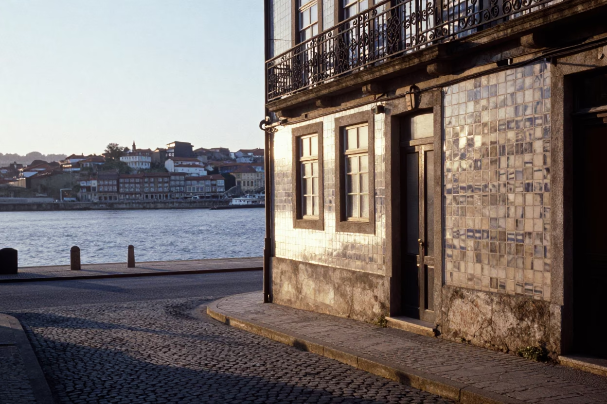 Morning light illuminates tiled streets and river view in Porto Portugal in in Porto, Portugal
