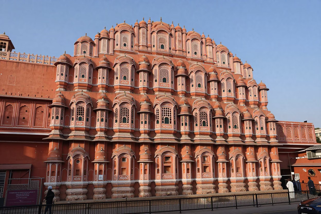 Morning light illuminates traditional architecture and street life in Jaipur India in in Jaipur, India