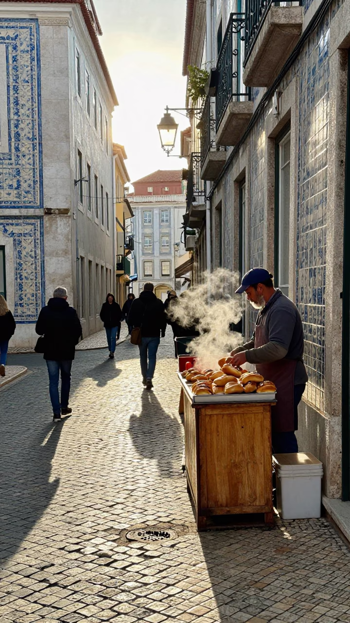 Morning light illuminates traditional azulejo tiles and busy Lisbon street life in Portugal in in Lisbon, Portugal