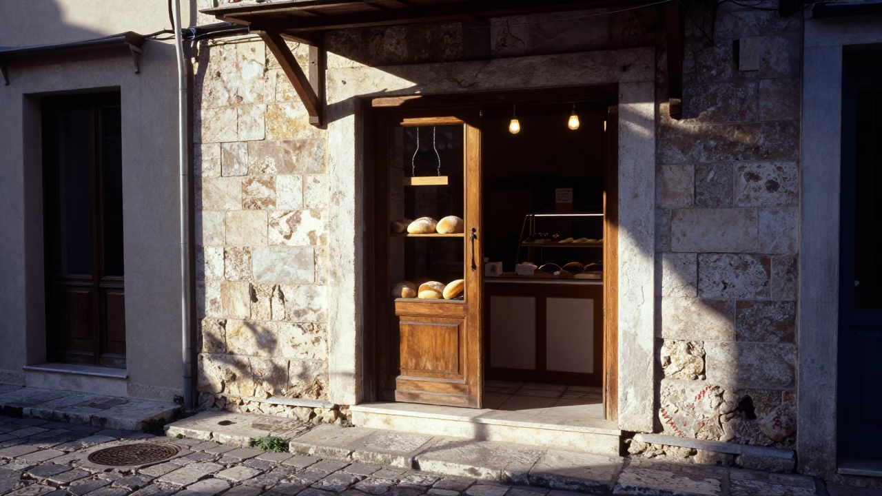Morning Light Illuminates Traditional Bakery in Athens Greece with Fresh Bread Loaves in in Athens, Greece