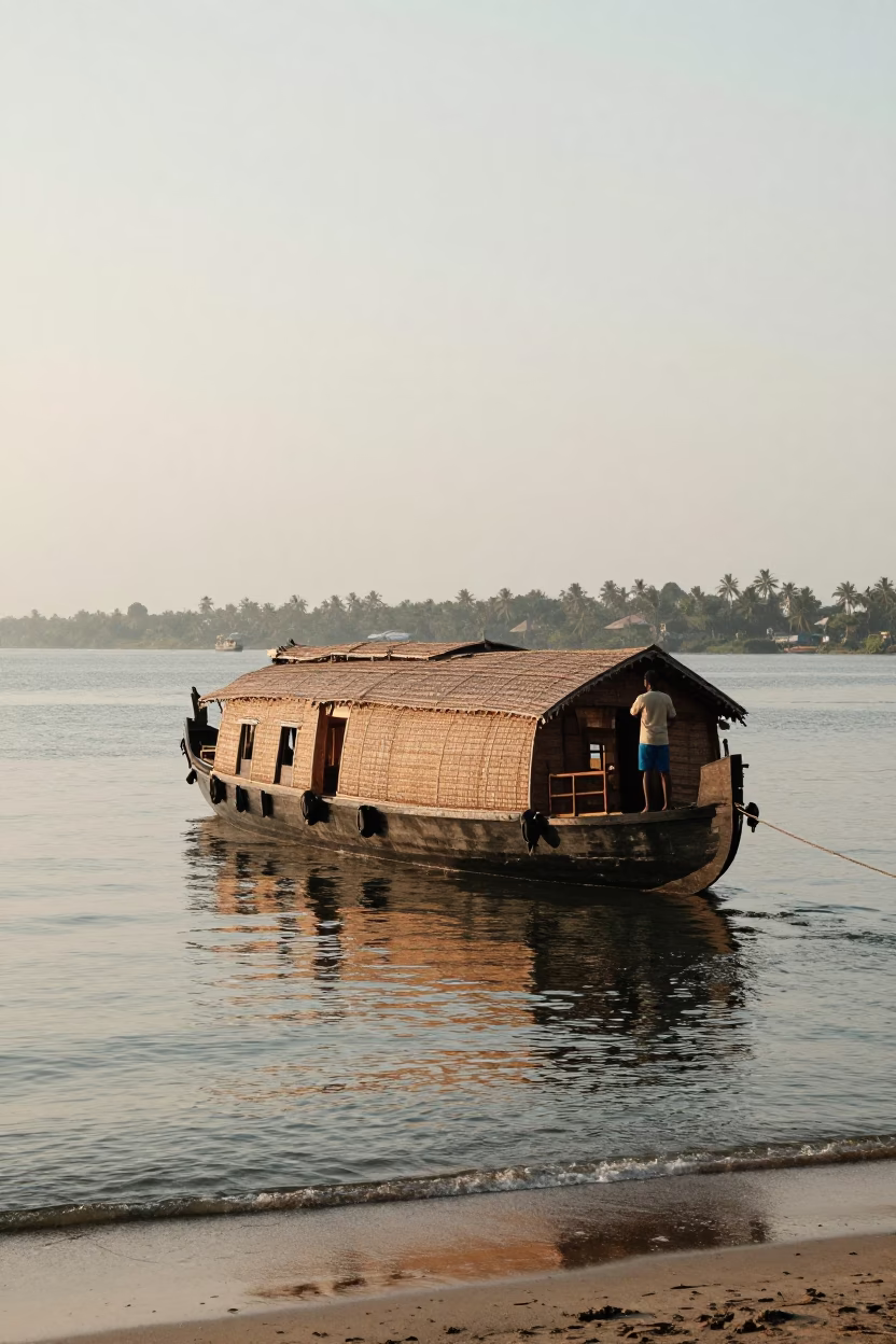 Morning light illuminates traditional Kerala houseboat on backwaters in Kochi India with local life in in Kochi, India