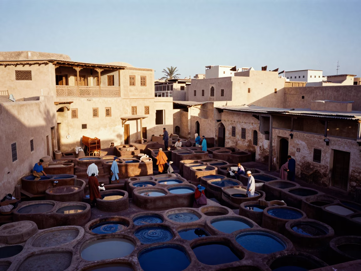 Morning light illuminates traditional leather tanning pits and narrow streets in historic Fez Morocco in in Fez, Morocco