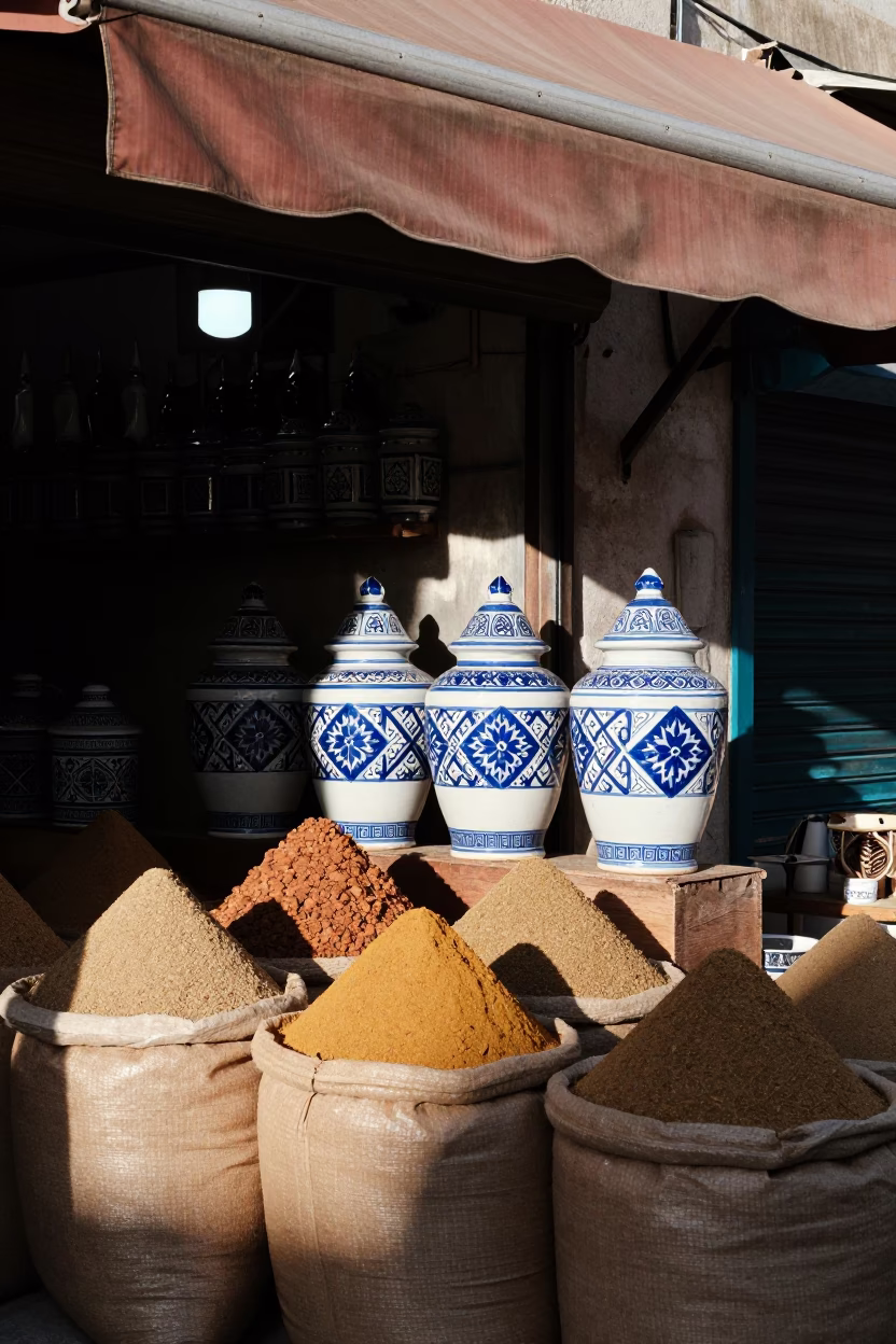 Morning light illuminates traditional Moroccan spice jars on wooden market stall in Casablanca Morocco in in Casablanca, Morocco