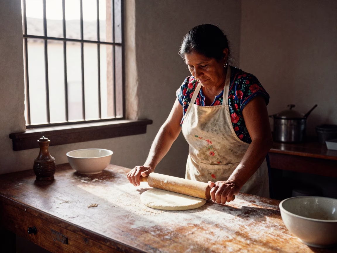 Morning Light Illuminates Traditional Oaxacan Kitchen with Apron and Rolling Pin on Wooden Counter in in Oaxaca, Mexico