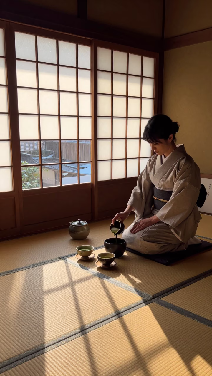 Morning Light Illuminates Traditional Sencha Tea Preparation in Historic Fukuoka Japan Building in in Fukuoka, Japan