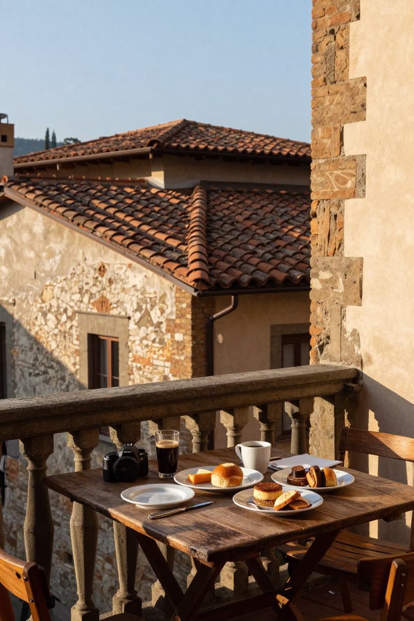 Morning light illuminates traditional Tuscan breakfast setup on historic Florentine balcony with ceramic tiles in in Florence, Italy
