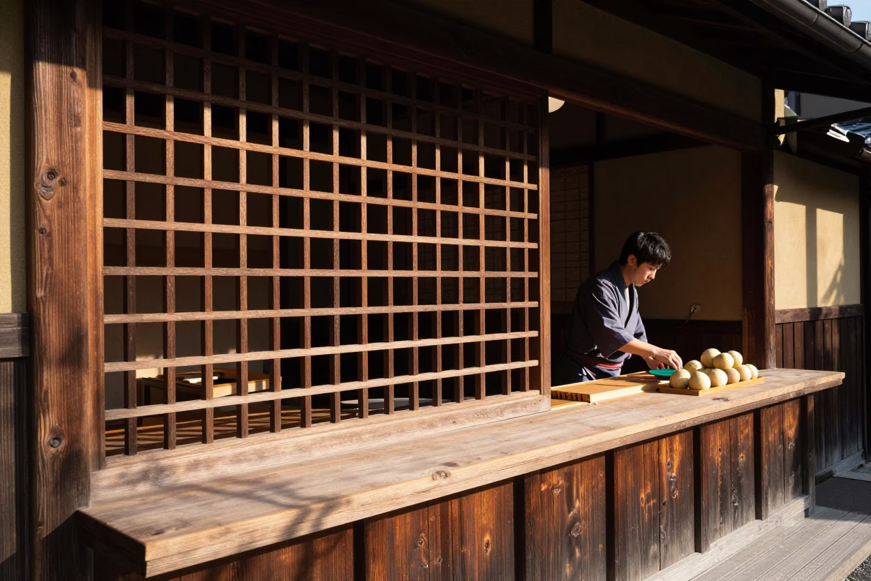 Morning light illuminates traditional wooden lattice and fresh eggplants at Kyoto street market stall in in Kyoto, Japan