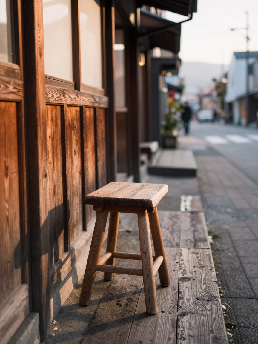 Morning Light Illuminates Traditional Wooden Stool in Sapporo Japan Street Scene in in Sapporo, Japan