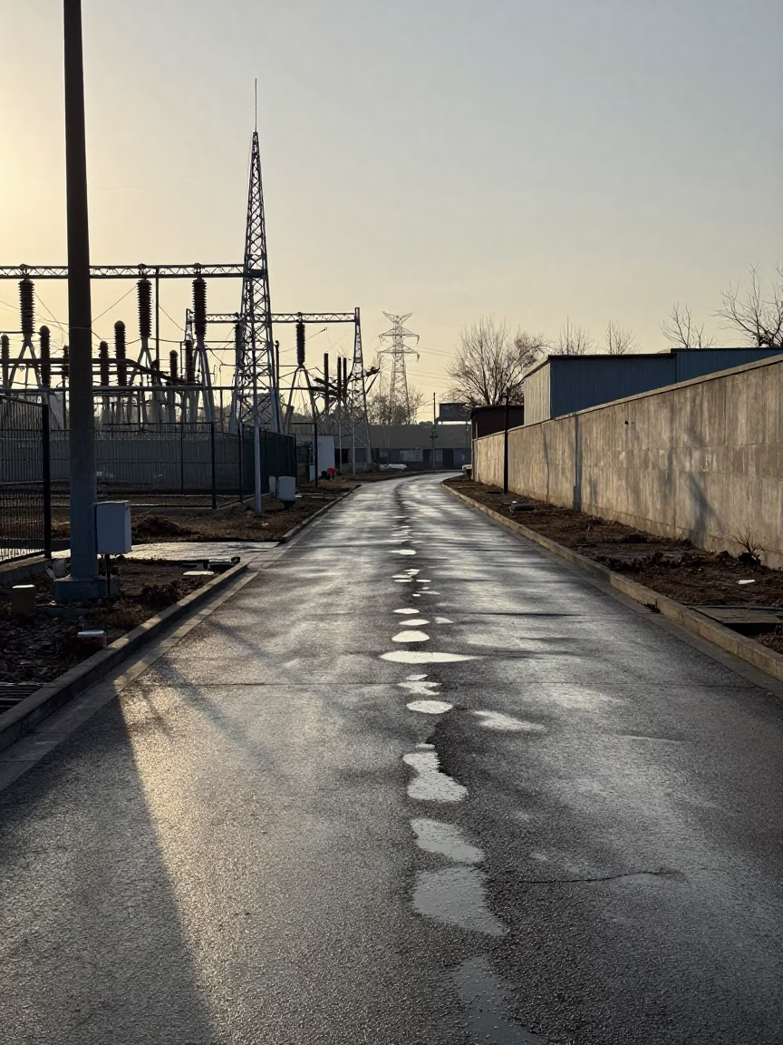 Morning light illuminates wet asphalt and oil puddles near Beijing electrical substation access road in in Beijing, China