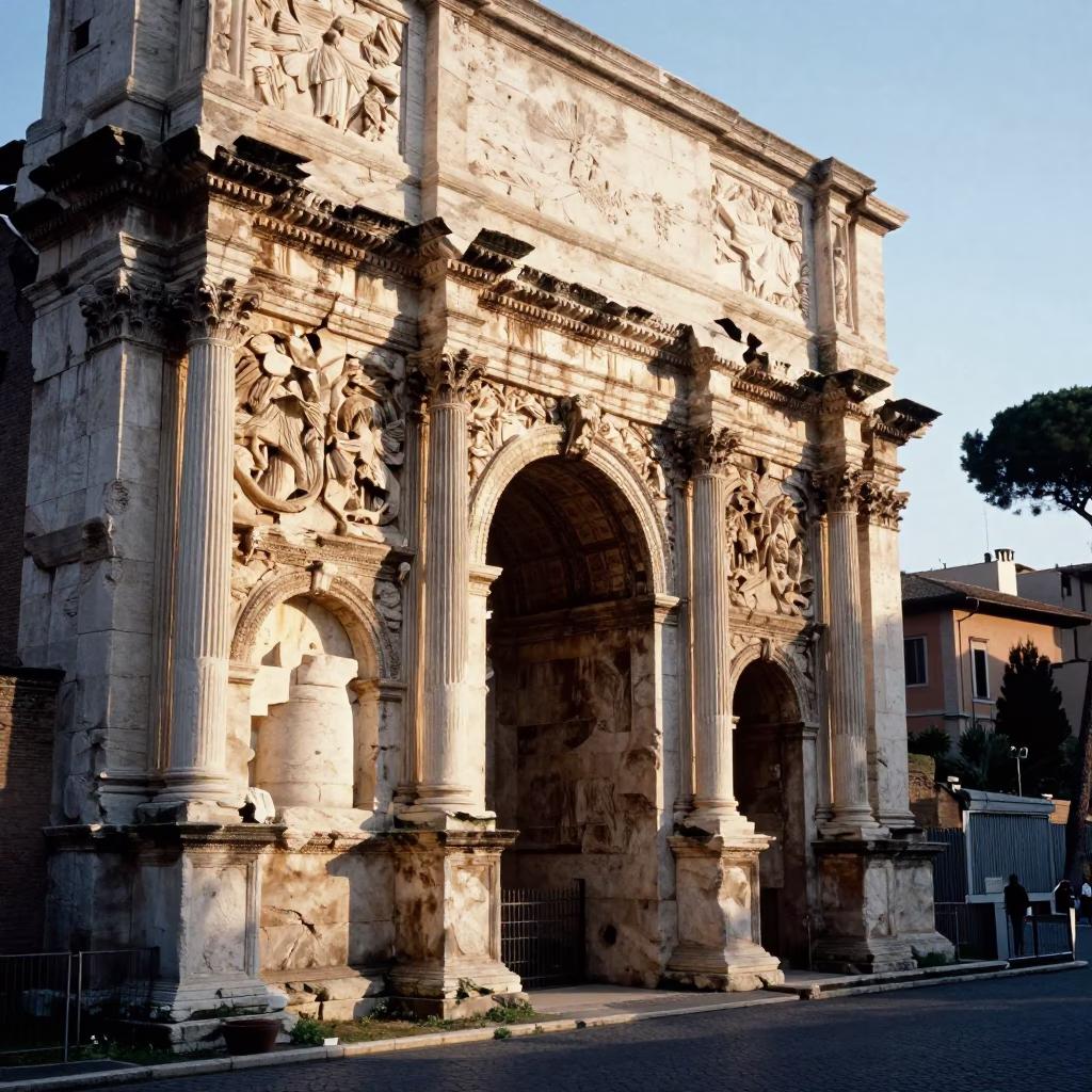 Morning Light Illuminating Ancient Roman Stone and Street Life in in Rome, Italy
