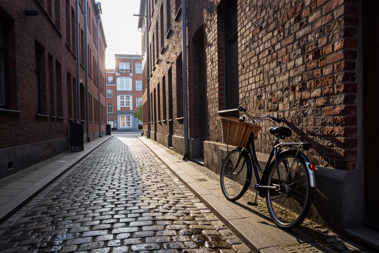 Morning Light Illuminating Berlin Street Scene with Vintage Bicycle and Cobblestone Alleyway in Germany in in Berlin, Germany