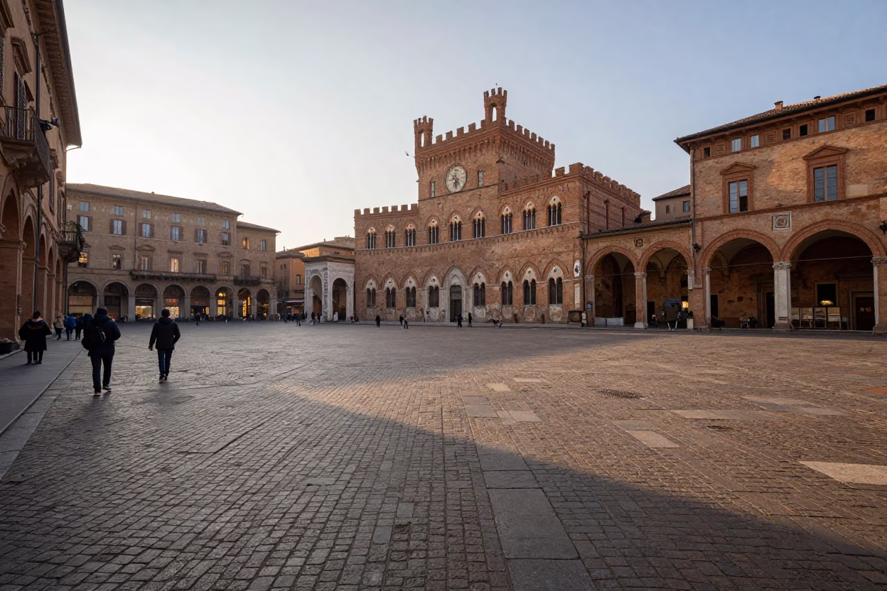 Morning Light Illuminating Cobblestone Piazza Maggiore in Bologna Italy in in Bologna, Italy