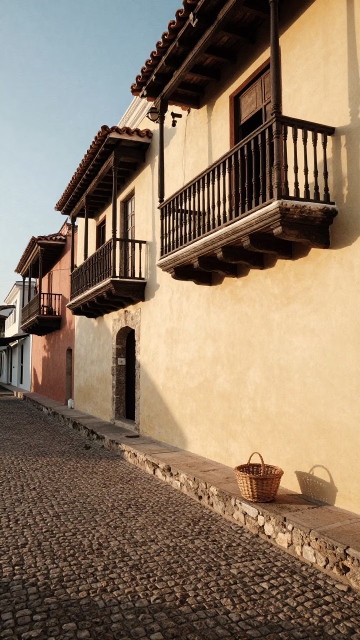 Morning Light Illuminating Colonial Balcony with Wicker Shadow and Local Life in Cartagena Colombia in in Cartagena, Colombia