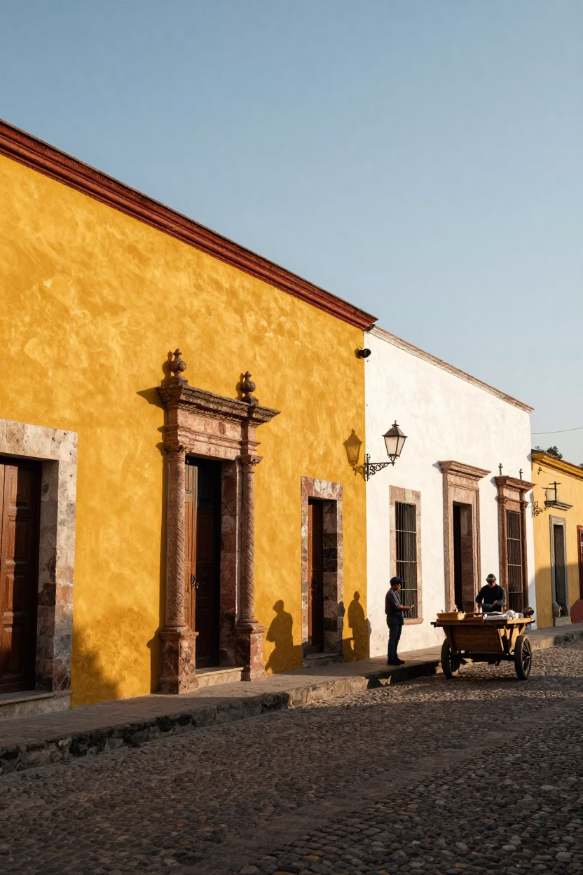 Morning Light Illuminating Colorful Colonial Facades in Historic Oaxaca Mexico City Center in in Oaxaca, Mexico