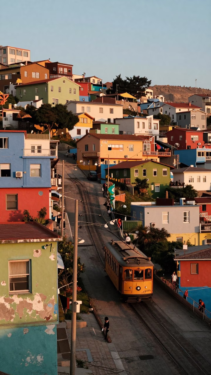Morning Light Illuminating Colorful Valparaiso Hillside Streets with Local Life and Tramcar in in Valparaiso, Chile