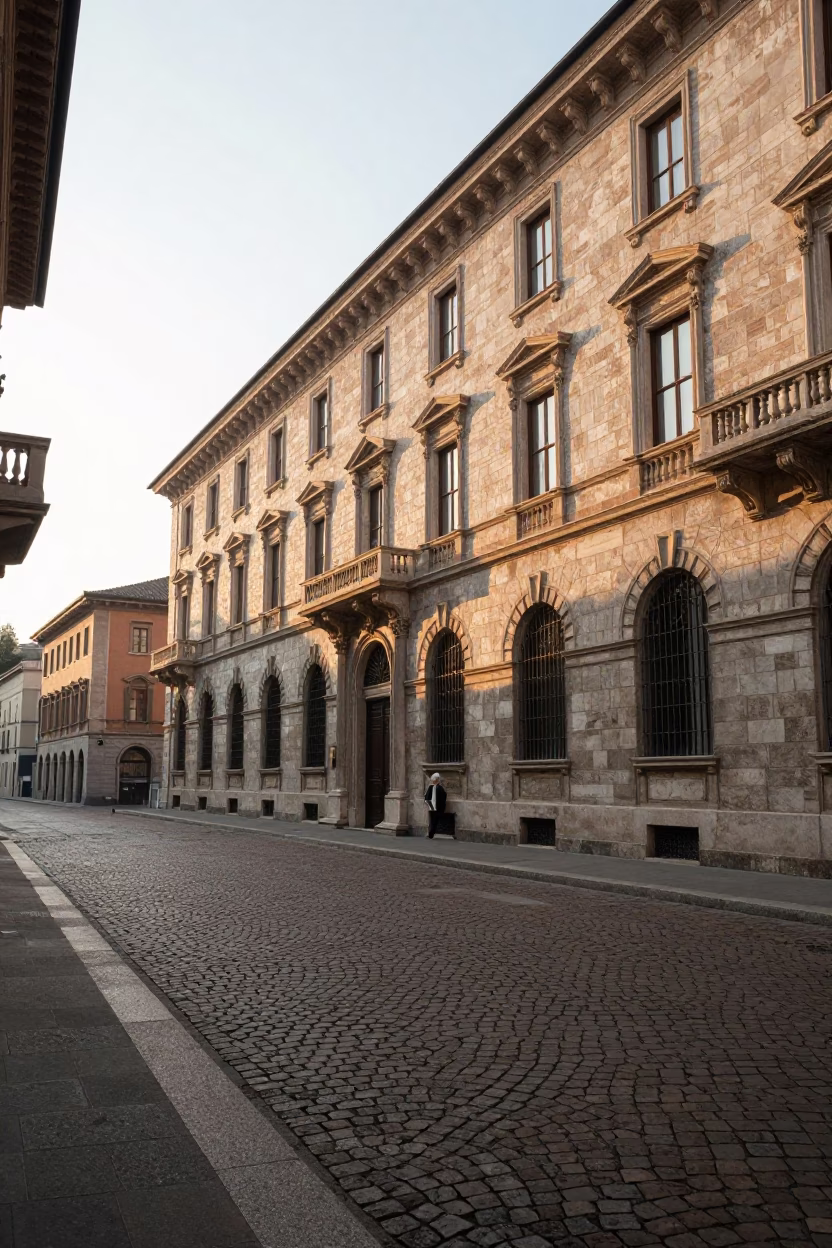 Morning Light Illuminating Historic Palazzo Facade and Cobblestone Street in Milan Italy in in Milan, Italy