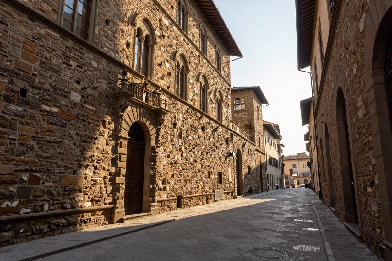 Morning Light Illuminating Historic Stone Facades and Cobblestone Streets in Florence Italy in in Florence, Italy