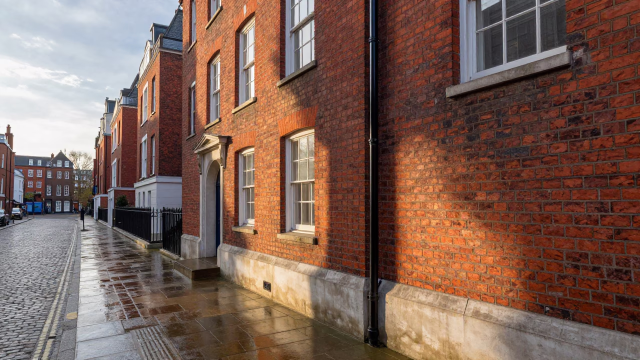 Morning Light Illuminating Red Brick Facade and Stone Street in London United Kingdom in in London, United Kingdom
