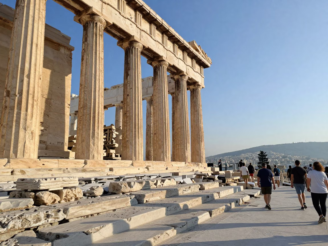 Morning light illuminating the ancient marble columns of the Acropolis in Athens Greece in in Athens, Greece