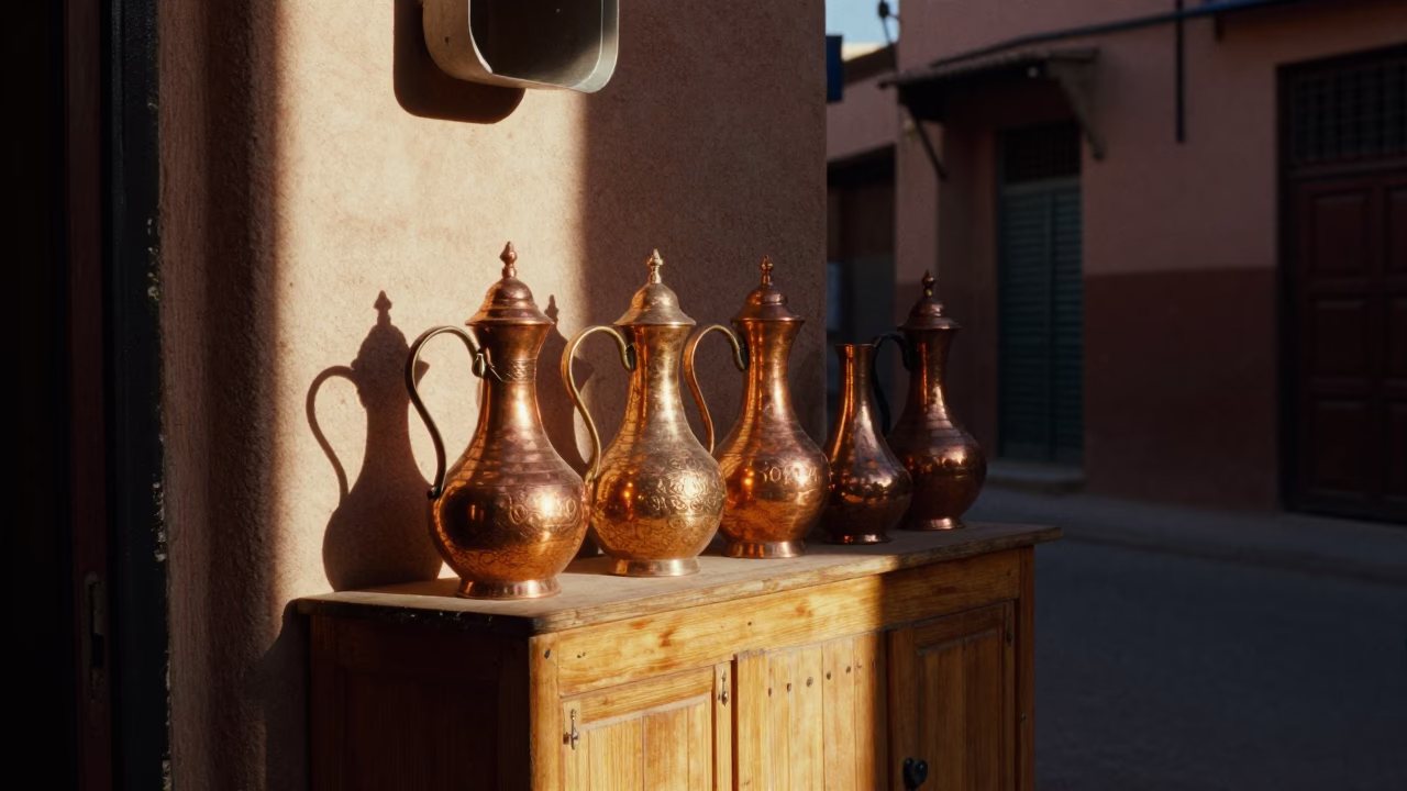 Morning Light Illuminating Traditional Copper Pitchers on Wooden Shelf in Marrakech Souk in in Marrakech, Morocco