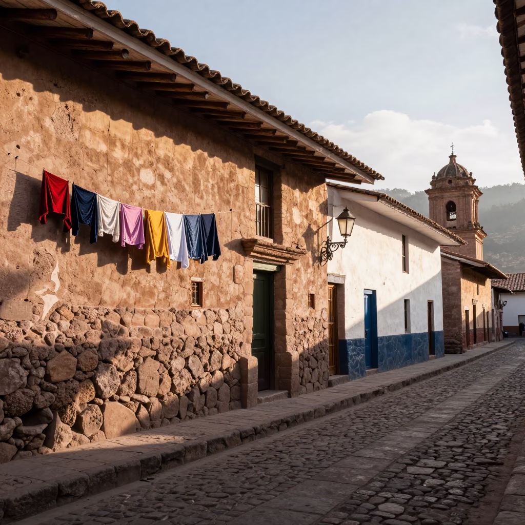 Morning Light Illuminating Traditional Cusco Architecture and Local Street Life in Peru in in Cusco, Peru