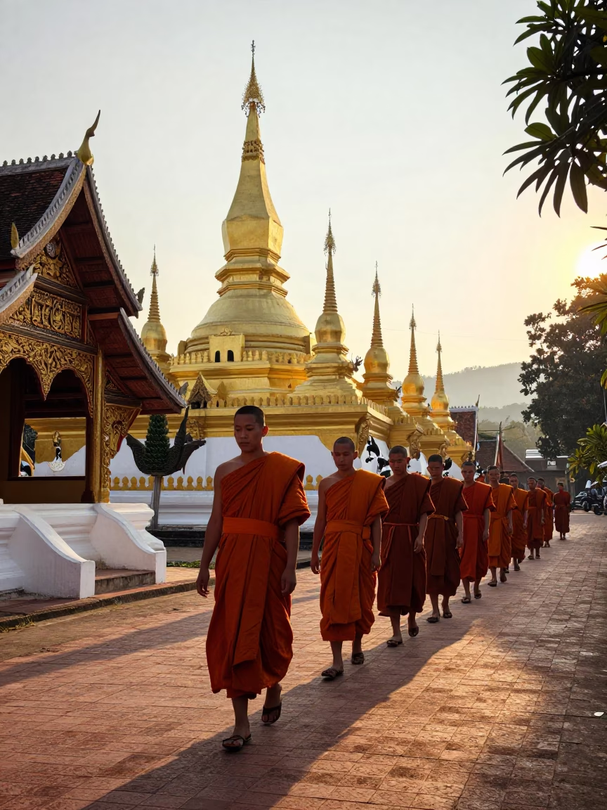 Morning Light Illuminating Traditional Lao Monks and Ancient Temple Architecture in Luang Prabang in in Luang Prabang, Laos
