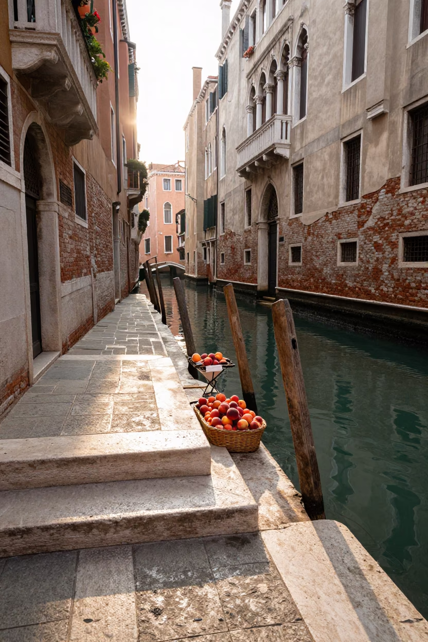 Morning Light Illuminating Venetian Waterfront Stairs and Local Market Produce in in Venice, Italy