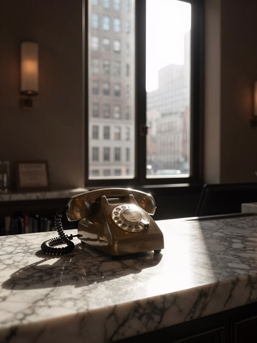 Morning Light Illuminating Vintage Bakelite Telephone on Hotel Reception Desk in New York City in in New York, New York, United States