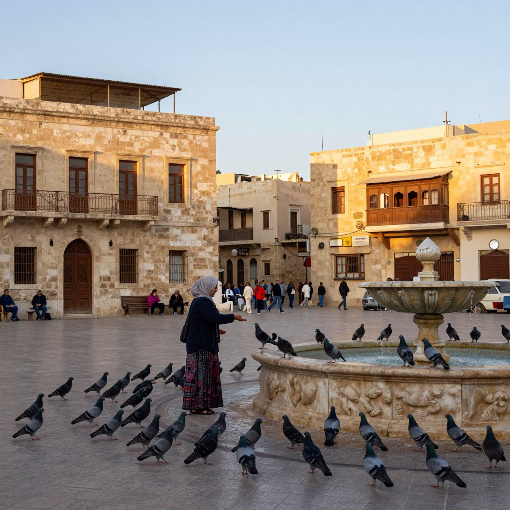Morning Light in Alexandria Egypt Town Square Woman Feeding Pigeons in in Alexandria, Egypt