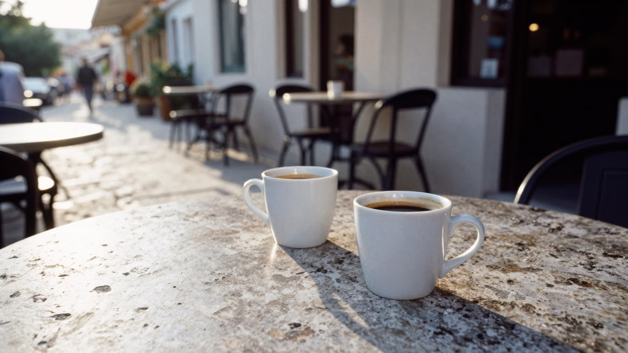 Morning Light in Athens Cafe Showing Coffee Mugs and Local Street Life in in Athens, Greece