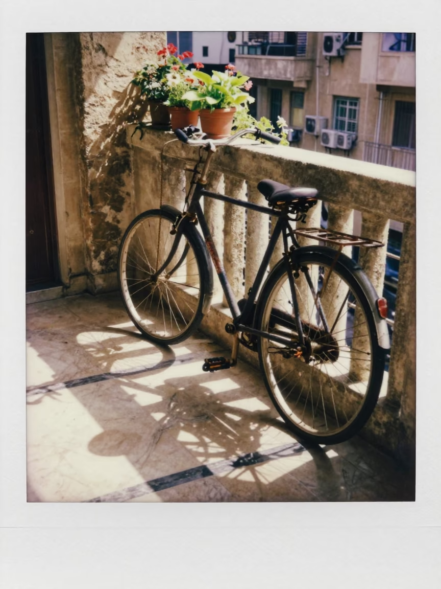 Morning light in Beirut reveals bicycle and potted herbs on balcony in in Beirut, Lebanon