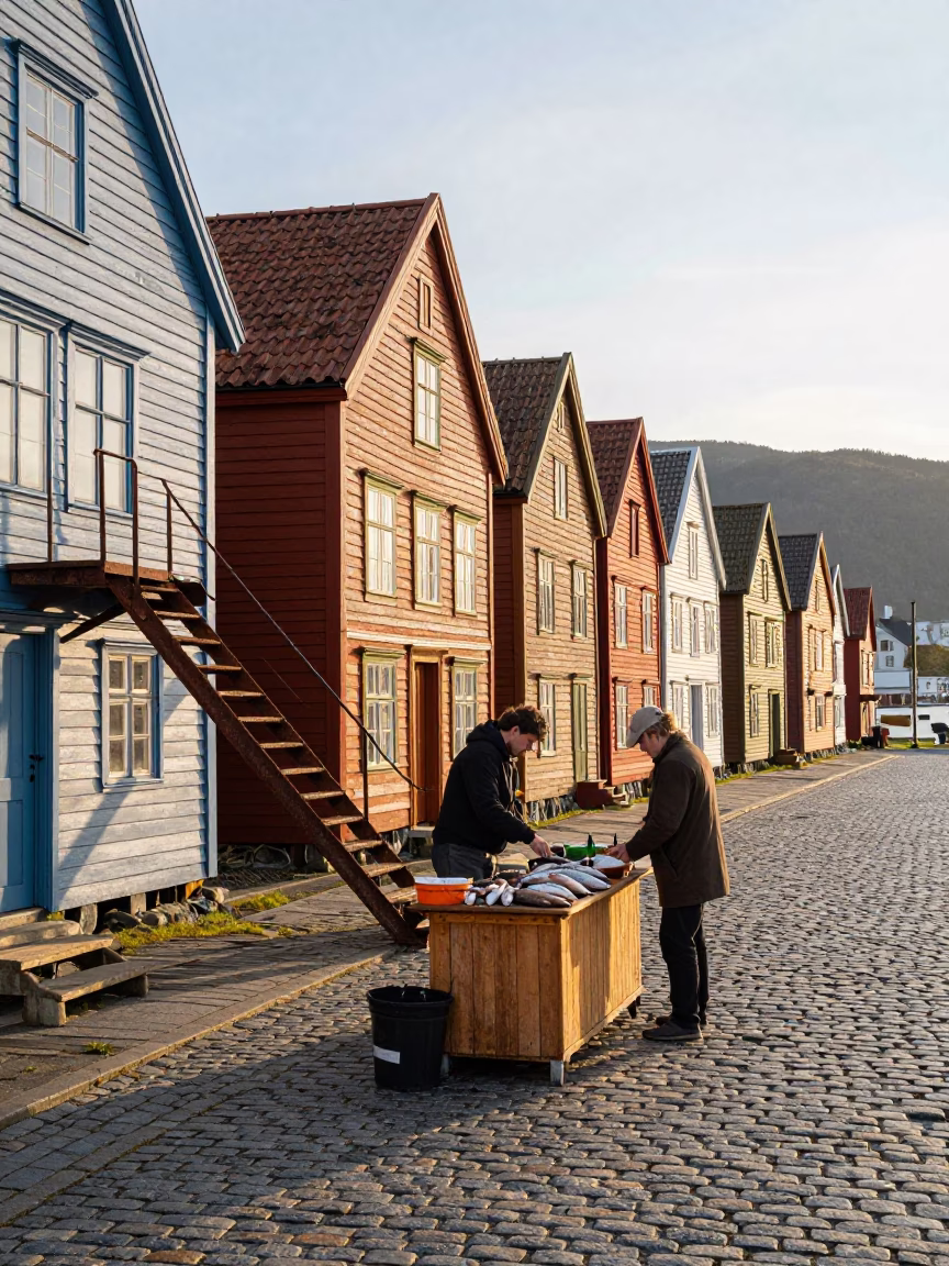 Morning Light in Bergen at As First Light Reaches The Scene in in Bergen, Norway