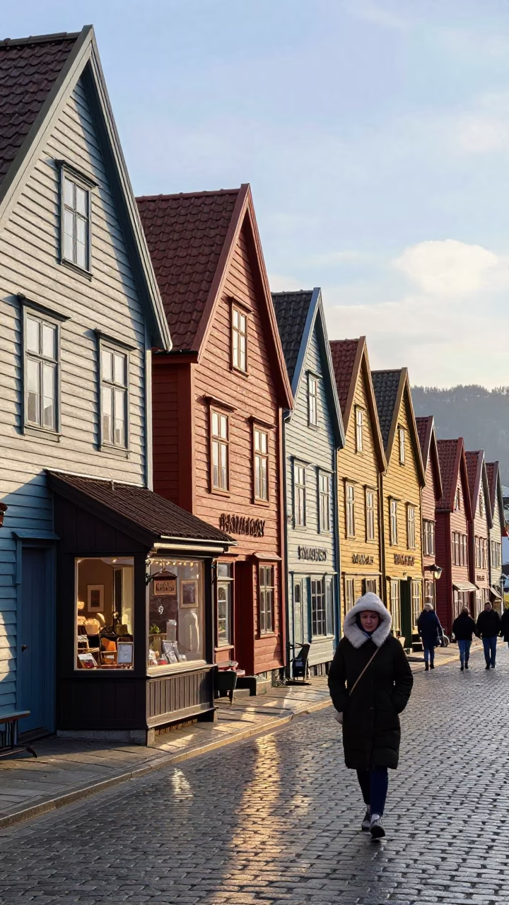 Morning Light in Bergen Norway Street Scene with Local Details in in Bergen, Norway