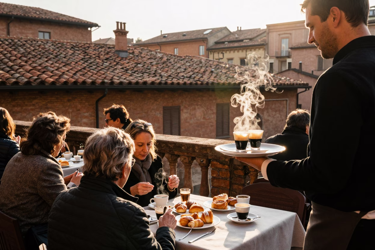 Morning Light in Bologna Italy with Fresh Pastries and Coffee at Outdoor Cafe in in Bologna, Italy