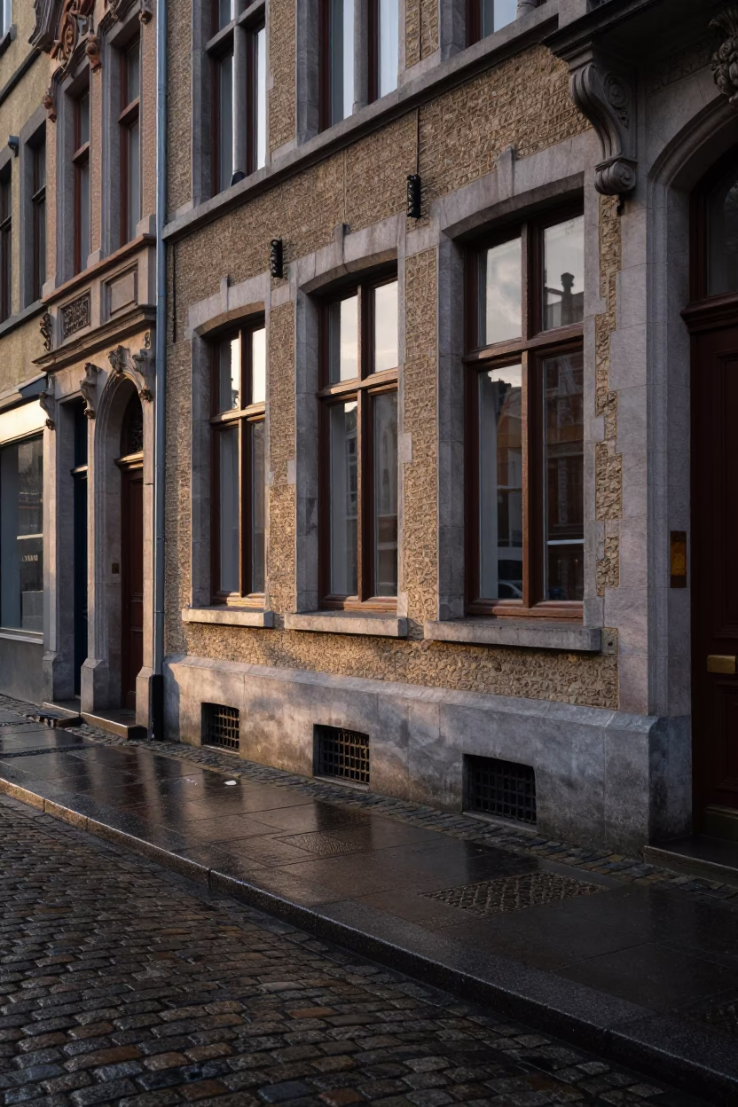 Morning Light in Brussels Belgium Street Scene with Window Reflections in in Brussels, Belgium