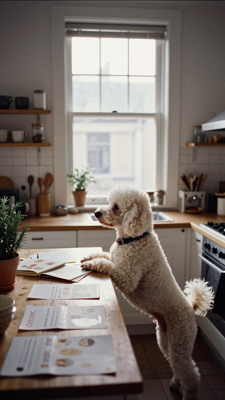 Morning light in Brussels kitchen with poodle and rosemary in in Brussels, Belgium