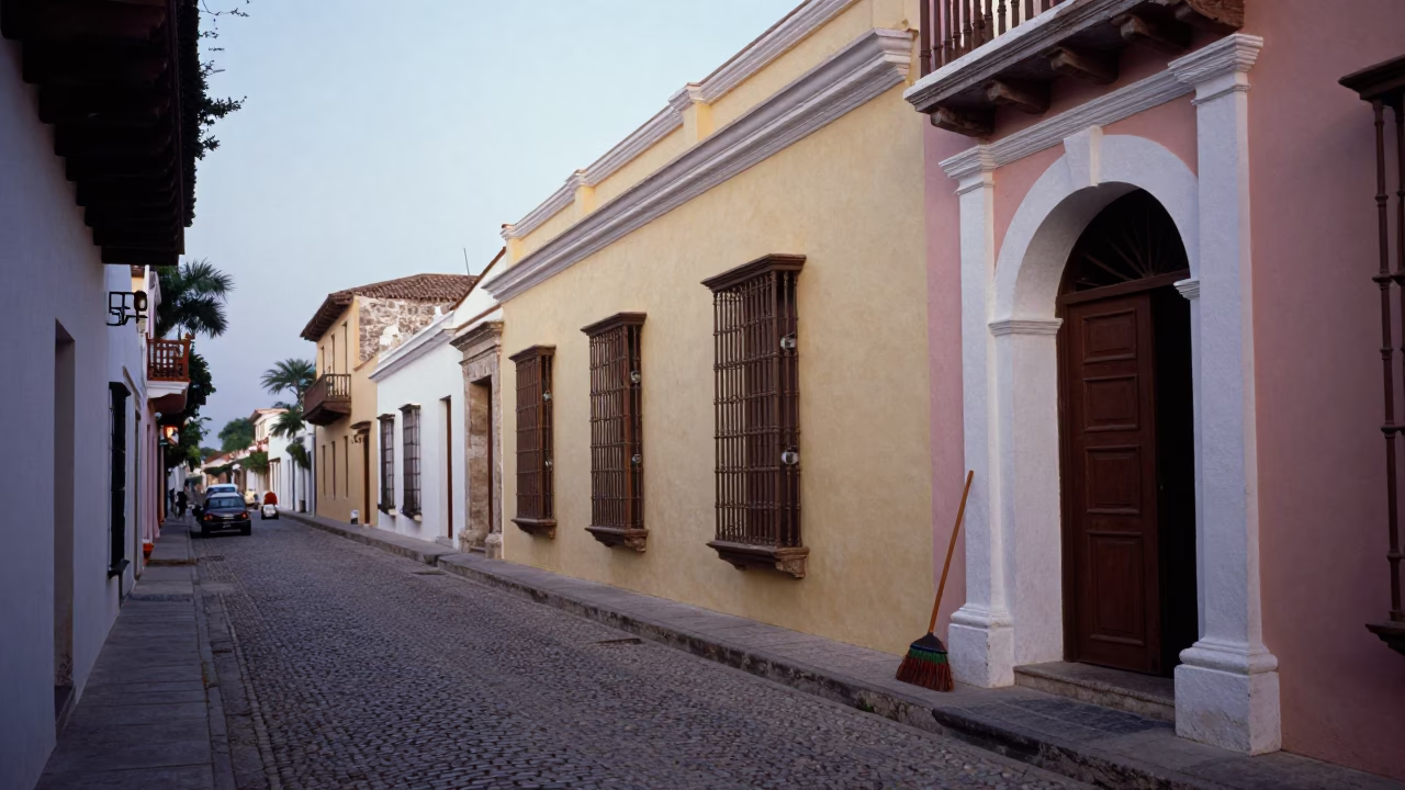 Morning Light in Cartagena Colombia Colonial Street Scene with Broom and Local Life in in Cartagena, Colombia