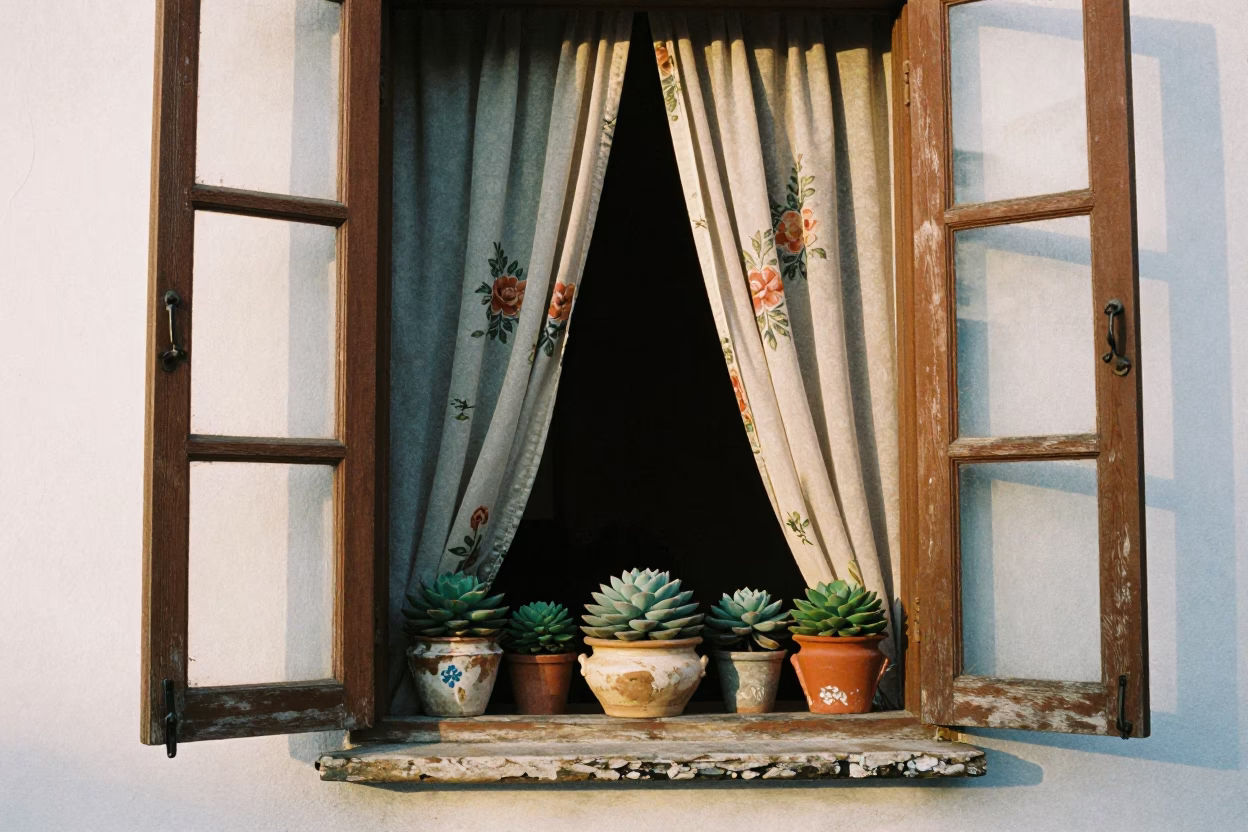 Morning Light in Cartagena Colombia Window with Curtains and Succulents in in Cartagena, Colombia