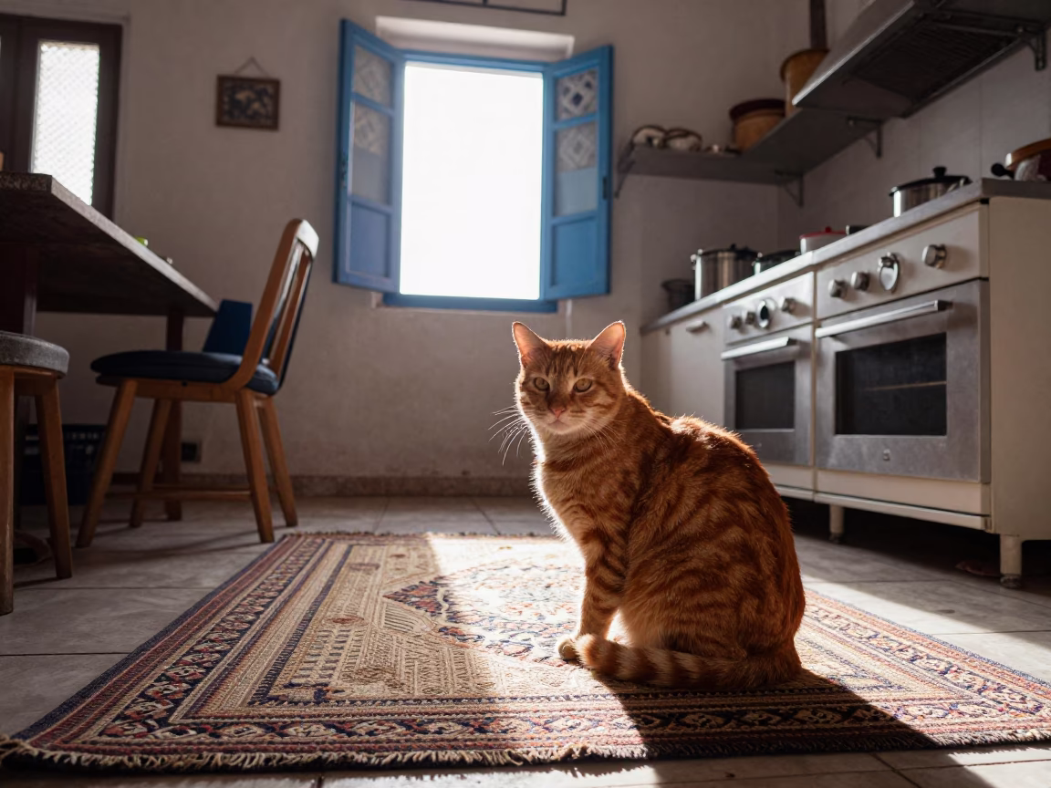 Morning Light in Casablanca Kitchen with Ginger Cat and Braided Rug in in Casablanca, Morocco