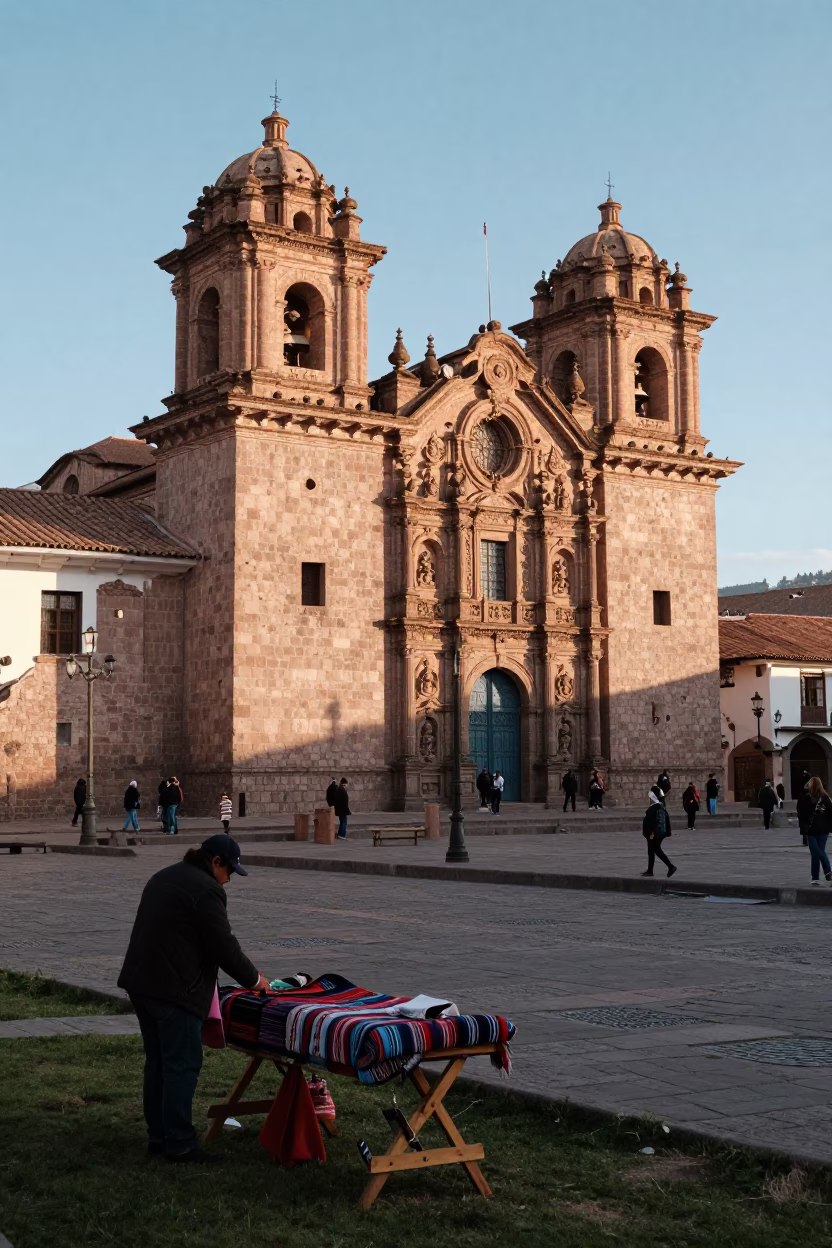 Morning Light in Cusco Peru Plaza de Armas Stone Walls and Local Street Life in in Cusco, Peru