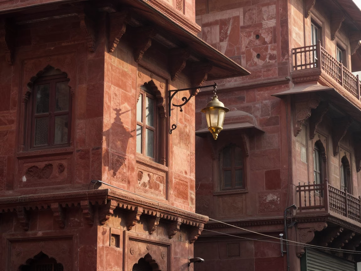 Morning Light in Delhi India Street Scene with Lantern and Window Boxes in in Delhi, India