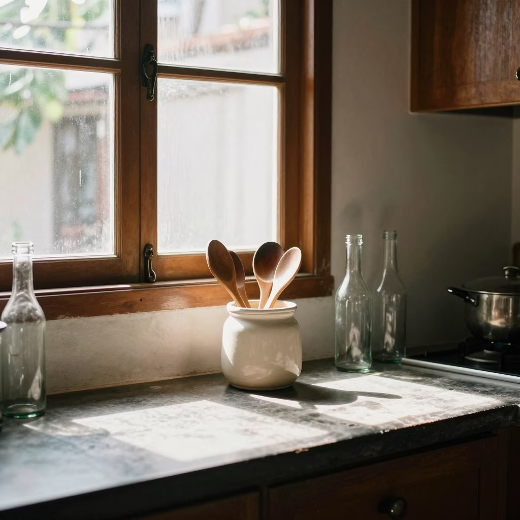 Morning Light in Denpasar Kitchen with Utensil Crock and Glass Bottles in in Denpasar, Indonesia
