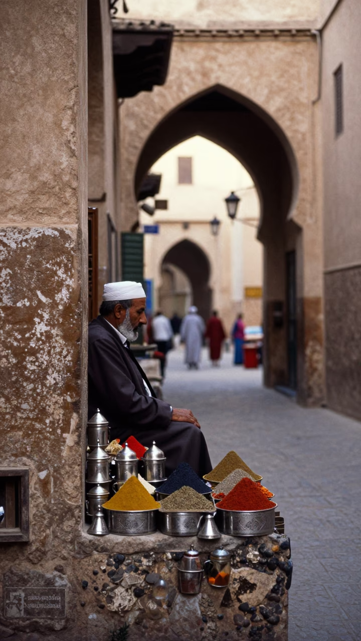 Morning Light in Fez Medina Alley with Spice Tins and Ceramic Cup in in Fez, Morocco