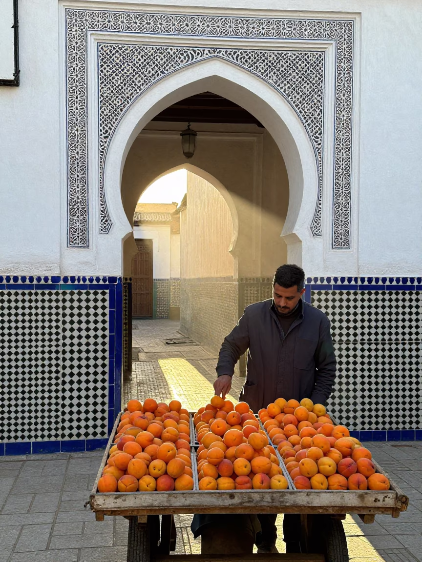 Morning light in Fez medina alley with zellige tiles and apricot vendor in in Fez, Morocco