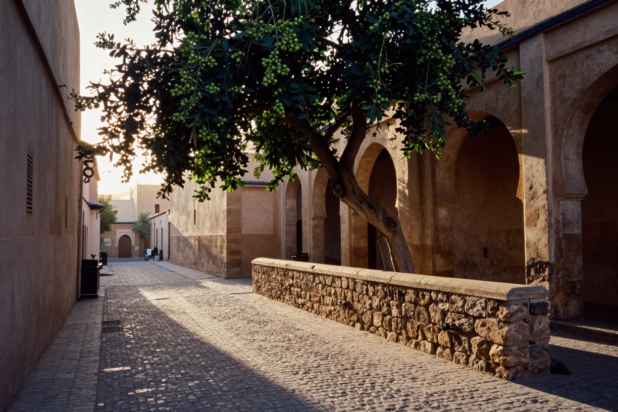 Morning Light in Fez Medina Alleyway with Fig Tree and Local Vendor in in Fez, Morocco