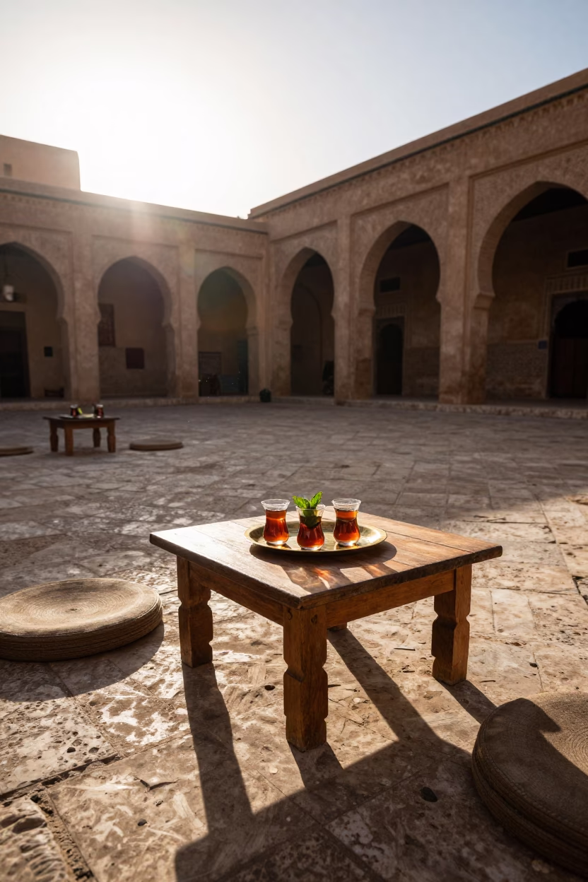 Morning Light in Fez Medina Courtyard with Tea and Traditional Tableware in in Fez, Morocco