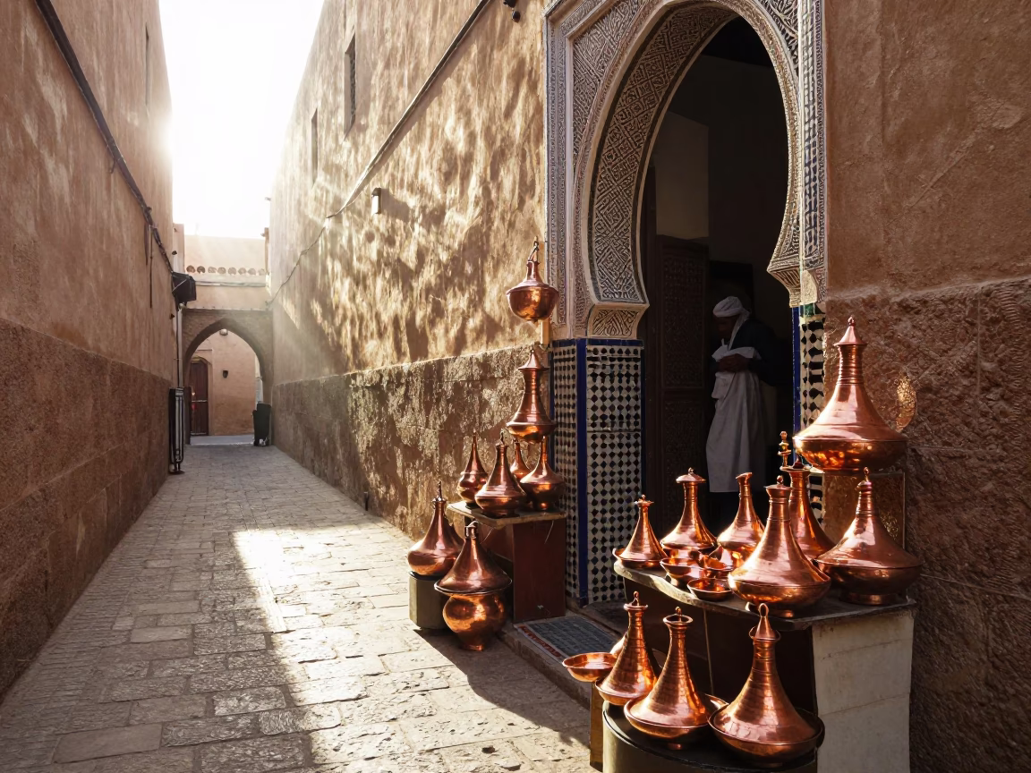 Morning Light in Fez Medina Narrow Alley with Copper Goods and Local Market Activity in in Fez, Morocco