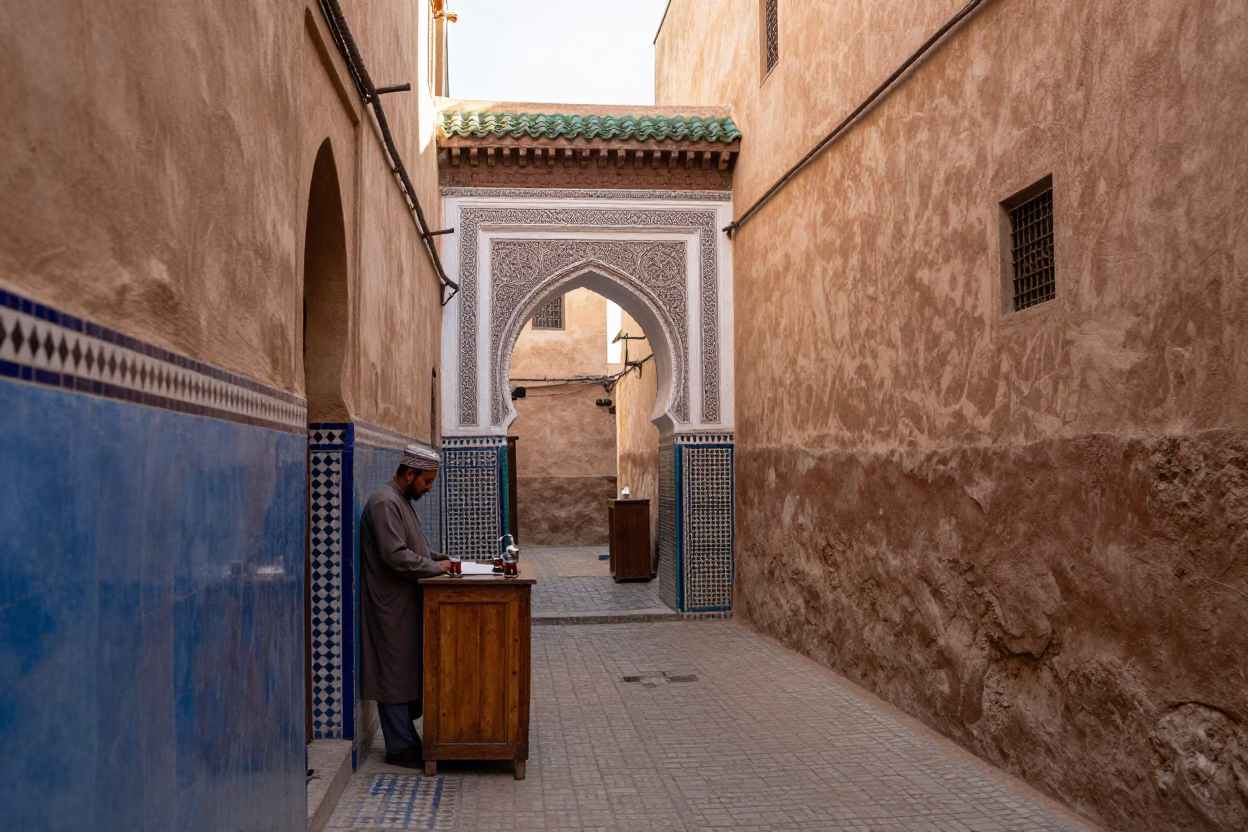 Morning Light in Fez Medina Narrow Alley with Traditional Tea Service and Local Life in in Fez, Morocco